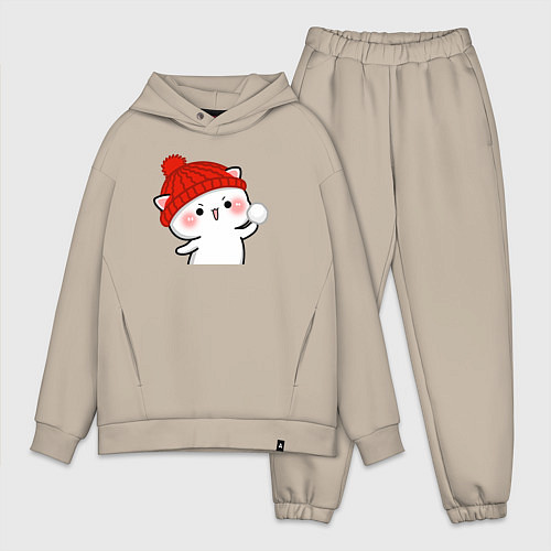 Мужской костюм оверсайз Игра в снежки - белый котик / Миндальный – фото 1