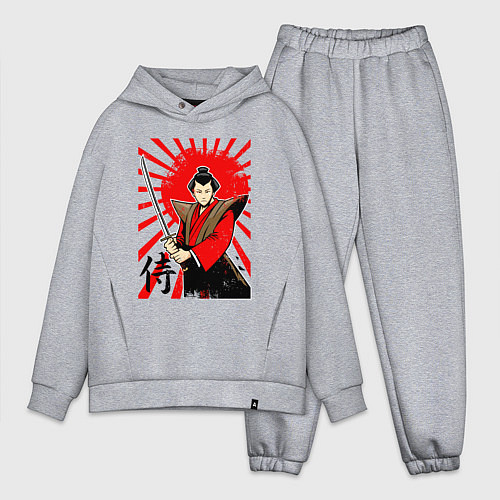 Мужской костюм оверсайз Самурай с мечом на фоне флага / Меланж – фото 1