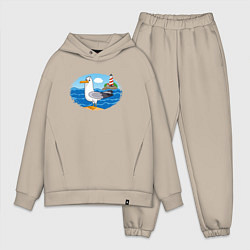 Мужской костюм оверсайз Мультяшная чайка на фоне маяка, цвет: миндальный