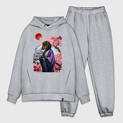 Мужской костюм оверсайз Такса-Самурай весенняя на фоне сакуры