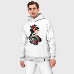 Мужской костюм оверсайз Irezumi tattoo стиль девушка лотос, цвет: белый — фото 2