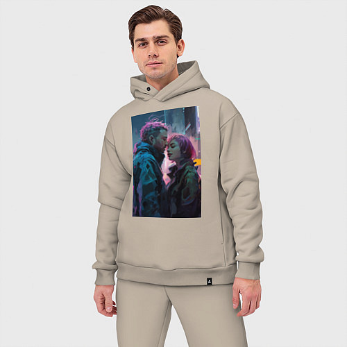 Мужской костюм оверсайз Влюбленные в городе в стиле киберпанк / Миндальный – фото 3