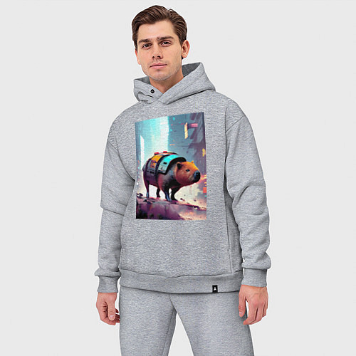 Мужской костюм оверсайз Капибара в мегаполисе - киберпанк / Меланж – фото 3