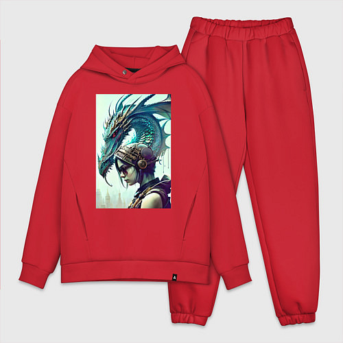 Мужской костюм оверсайз Девчонка в шлеме и дракон - киберпанк / Красный – фото 1