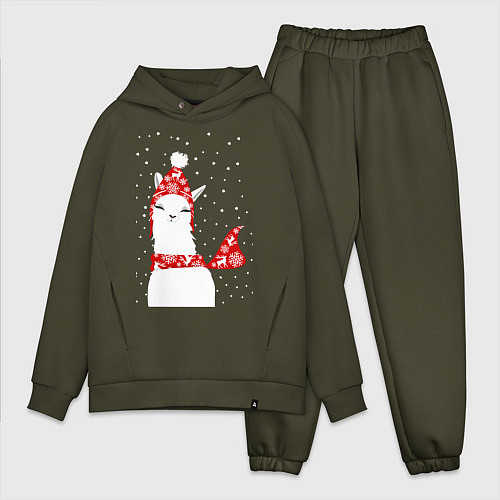 Мужской костюм оверсайз Лама - альпака в шапочке и шарфе / Хаки – фото 1