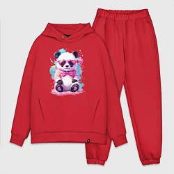 Мужской костюм оверсайз Милая панда в розовых очках и бантике, цвет: красный