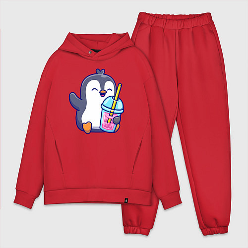 Мужской костюм оверсайз Пингвин с напитком / Красный – фото 1
