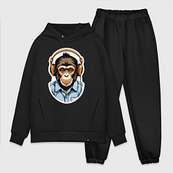 Мужской костюм оверсайз Портрет обезьяны в наушниках, цвет: черный