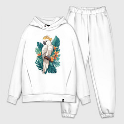Мужской костюм оверсайз Попугай какаду и тропические листья, цвет: белый