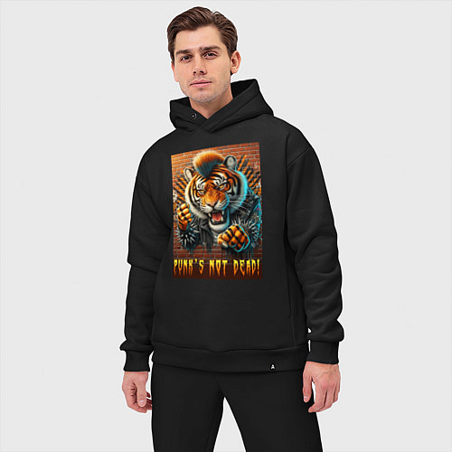 Мужской костюм оверсайз Punks not dead - motto tiger / Черный – фото 3