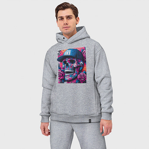 Мужской костюм оверсайз Череп в бейсболке - граффити / Меланж – фото 3