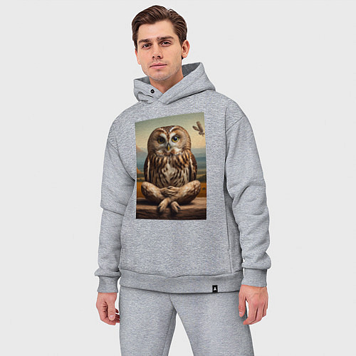 Мужской костюм оверсайз Прикольная сказочная сова - нейросеть / Меланж – фото 3
