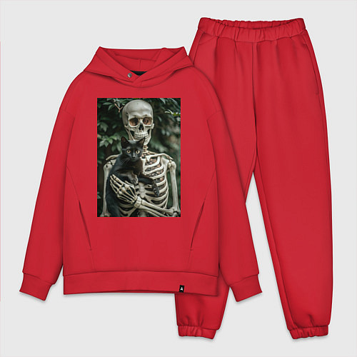 Мужской костюм оверсайз Скелет с черным котом / Красный – фото 1