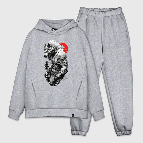Мужской костюм оверсайз Волк воин - японская гравюра / Меланж – фото 1