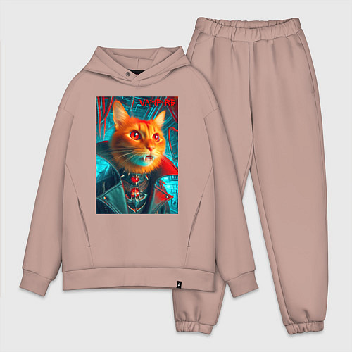 Мужской костюм оверсайз Рыжий кот вампир - нейроарт / Пыльно-розовый – фото 1