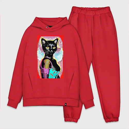 Мужской костюм оверсайз Фигуристая чёрная кошечка в стиле поп-арт / Красный – фото 1