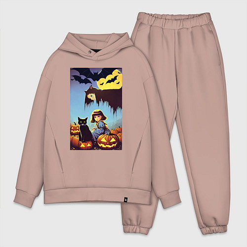 Мужской костюм оверсайз Ведьма зависла над девочкой и котом / Пыльно-розовый – фото 1