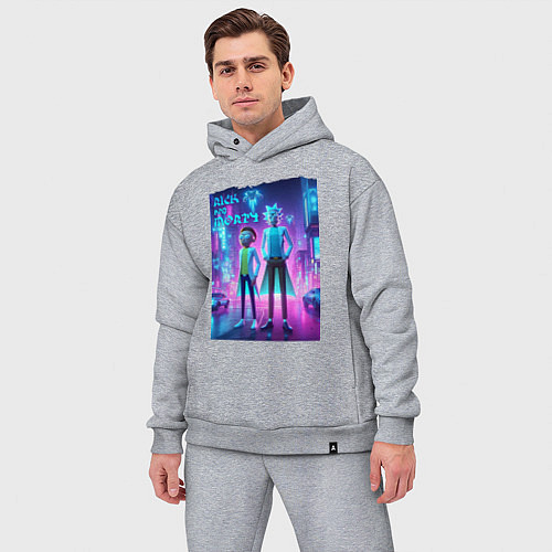 Мужской костюм оверсайз Рик и Морти в неоновом городе - нейроарт / Меланж – фото 3