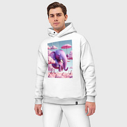 Мужской костюм оверсайз Розовый слон под зонтом в облаках, цвет: белый — фото 2