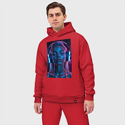 Мужской костюм оверсайз Девушка с наушниками в неоне, цвет: красный — фото 2