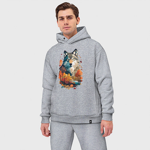 Мужской костюм оверсайз Волк и осенний лес / Меланж – фото 3