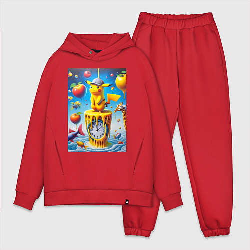 Мужской костюм оверсайз Funny Pikachu and fishes - surrealism / Красный – фото 1
