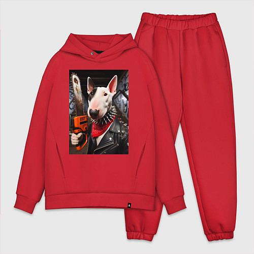 Мужской костюм оверсайз Бультерьер с бензопилой - нейроарт / Красный – фото 1