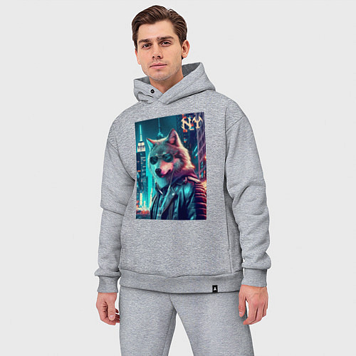 Мужской костюм оверсайз Крутой волчара в ночном Нью-Йорке - нейроарт / Меланж – фото 3