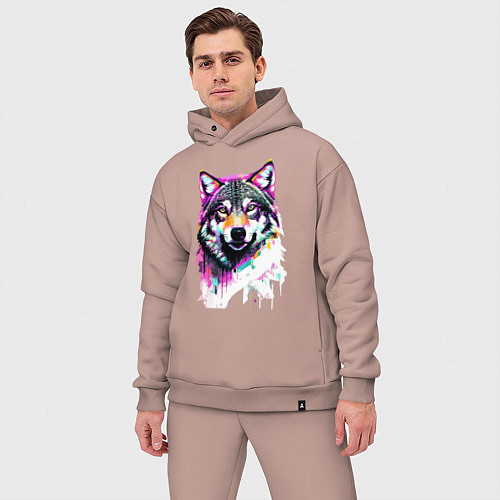 Мужской костюм оверсайз Волчья морда - нейроарт / Пыльно-розовый – фото 3