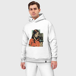 Мужской костюм оверсайз Девушка у винтажного телефона поп-арт 1970-е, цвет: белый — фото 2