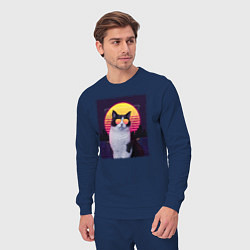 Костюм хлопковый мужской Synthwave cat, цвет: тёмно-синий — фото 2