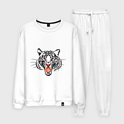 Костюм хлопковый мужской Агрессивный тигр с монетой Шиба ину в пасти, цвет: белый