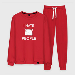 Костюм хлопковый мужской I hate people, текст с белым мемным котом, цвет: красный