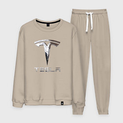 Костюм хлопковый мужской Tesla Logo Тесла Логотип, цвет: миндальный