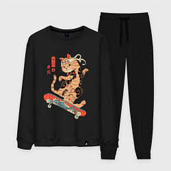 Костюм хлопковый мужской Кот самурай скейтбордист, цвет: черный