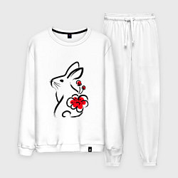 Костюм хлопковый мужской Силуэт кролика с японским цветком, цвет: белый