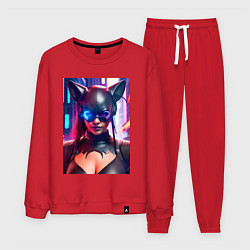 Костюм хлопковый мужской Девушка в костюме кошки - киберпанк, цвет: красный