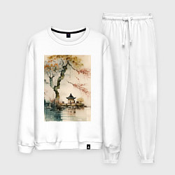 Костюм хлопковый мужской Японский пейзаж акварель - нейросеть, цвет: белый