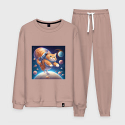 Костюм хлопковый мужской Котик в космосе мультяшный, цвет: пыльно-розовый
