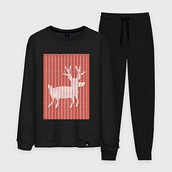 Костюм хлопковый мужской Новогодний олень орнамент вязанный свитер, цвет: черный
