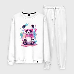 Костюм хлопковый мужской Милая панда в розовых очках и бантике, цвет: белый