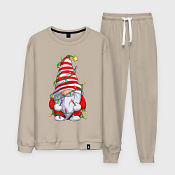 Костюм хлопковый мужской Новогодний гном с гирляндой, цвет: миндальный