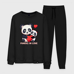 Костюм хлопковый мужской Влюбленные панды с сердцем, цвет: черный