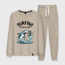 Костюм хлопковый мужской Surfing never alone - shark and girl, цвет: миндальный