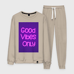 Костюм хлопковый мужской Неоновая надпись good vibes only и кирпичная стена, цвет: миндальный