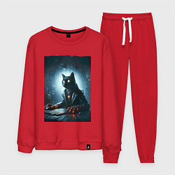Костюм хлопковый мужской Кибер кот за компьютером - неоновое свечение, цвет: красный