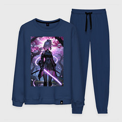 Костюм хлопковый мужской Девушка с катаной на фоне цветущей сакуры, цвет: тёмно-синий