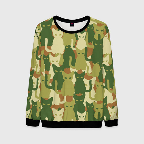 Мужской свитшот Камуфляж- зелёные кошки / 3D-Черный – фото 1