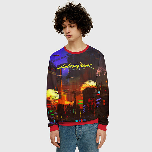 Мужской свитшот Cyberpunk 2077: Night City / 3D-Красный – фото 3