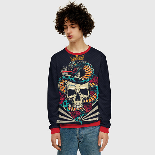 Мужской свитшот Змея с короной на черепе / 3D-Красный – фото 3
